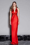 Red Sheath Halter Satin Long Formal Dress with 3D Flower