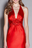 Red Sheath Halter Satin Long Formal Dress with 3D Flower