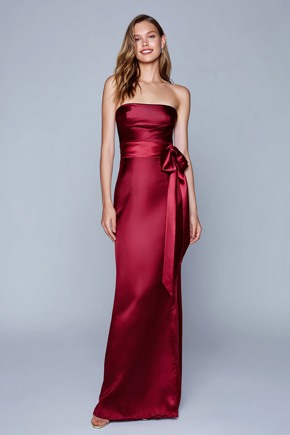 Burgundy Strapless Sheath Formal Dress with Sash