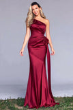 Burgundy One Shoulder Mermaid Formal Dress with Sash