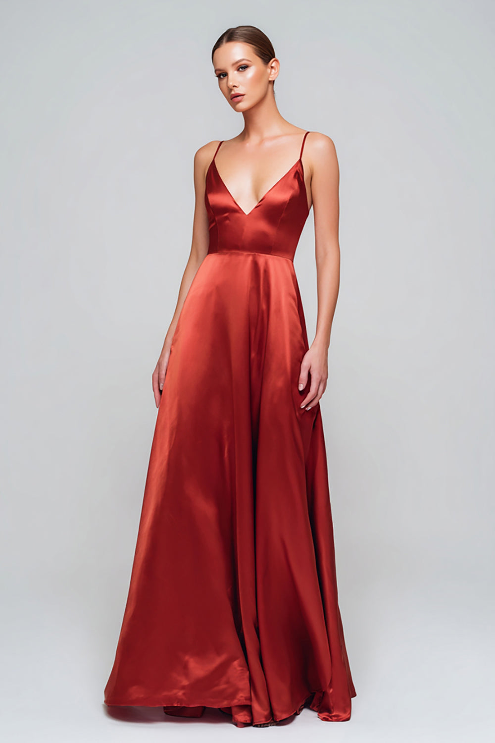 Red Satin A-Line Spaghetti Straps Long Formal Dress