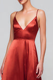 Red Satin A-Line Spaghetti Straps Long Formal Dress
