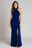 Navy Halter Sheath Backless Formal Dress With Slit
