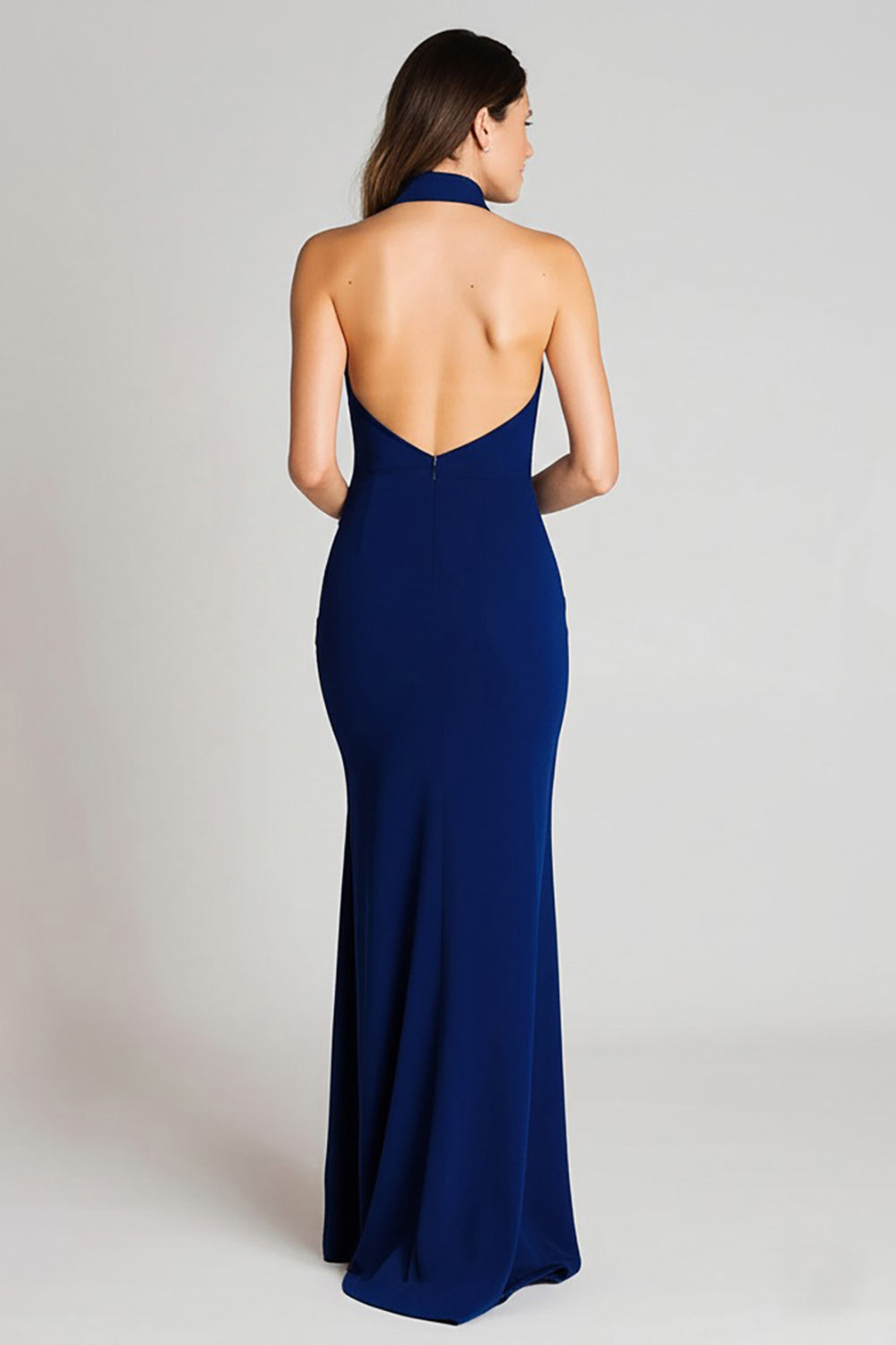 Navy Halter Sheath Backless Formal Dress With Slit