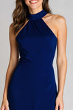 Navy Halter Sheath Backless Formal Dress With Slit