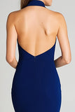 Navy Halter Sheath Backless Formal Dress With Slit