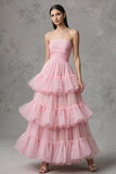 Strapless A-Line Tiered Pink Long Prom Dress With Ruffles