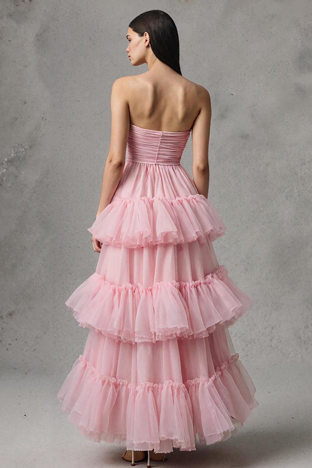 Strapless A-Line Tiered Pink Long Prom Dress With Ruffles