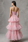 Strapless A-Line Tiered Pink Long Prom Dress With Ruffles