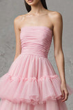 Strapless A-Line Tiered Pink Long Prom Dress With Ruffles