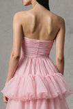 Strapless A-Line Tiered Pink Long Prom Dress With Ruffles