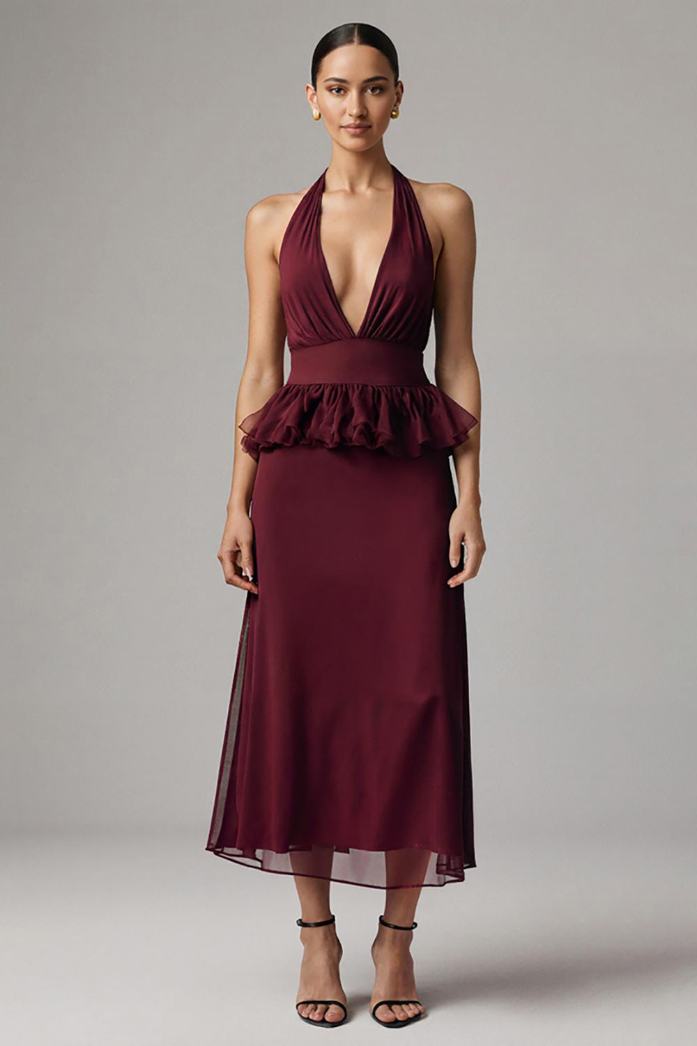 Halter Burgundy Semi-Formal Dress With Ruffles