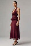 Halter Burgundy Semi-Formal Dress With Ruffles