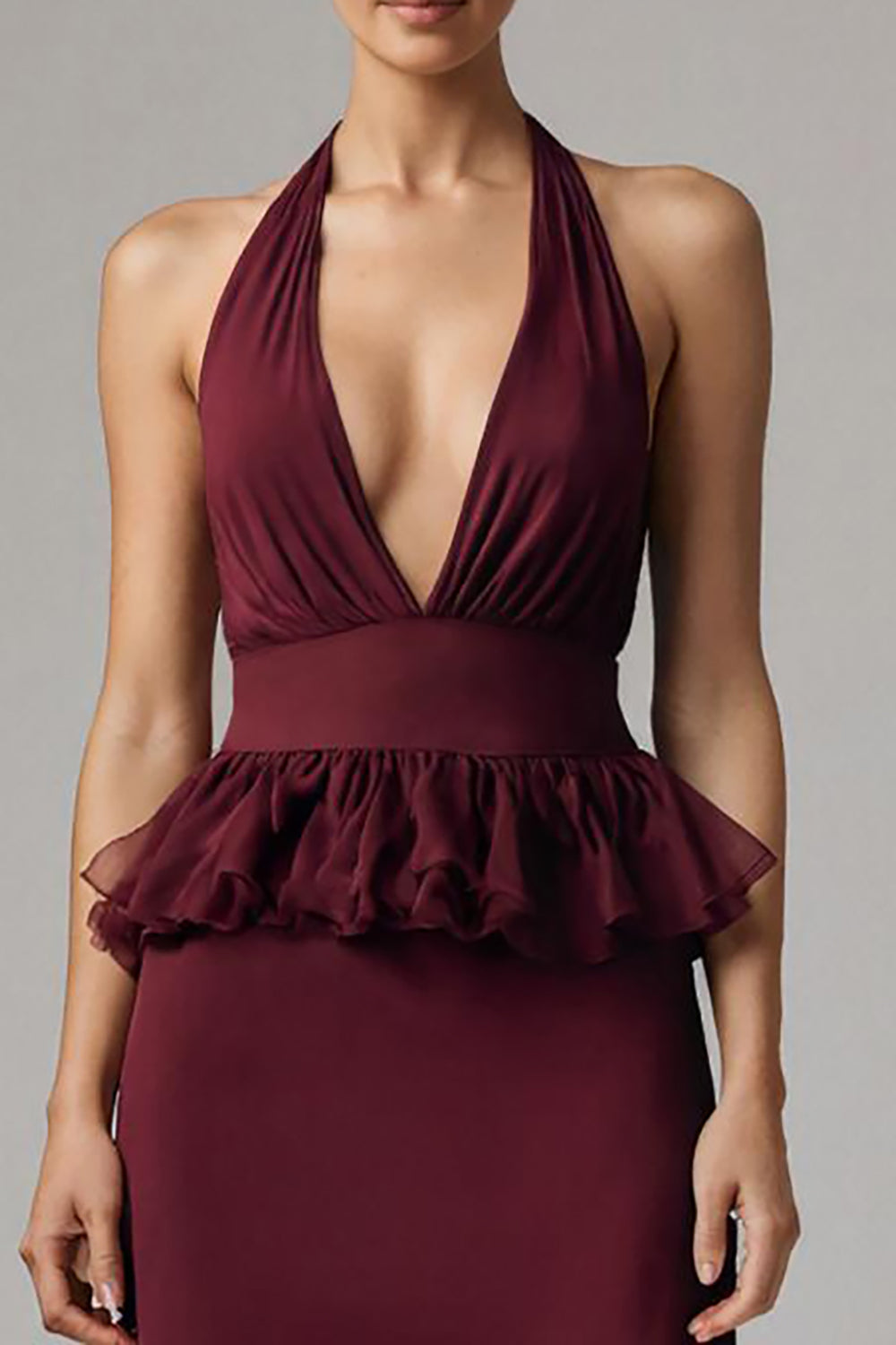 Halter Burgundy Semi-Formal Dress With Ruffles