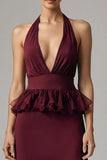 Halter Burgundy Semi-Formal Dress With Ruffles