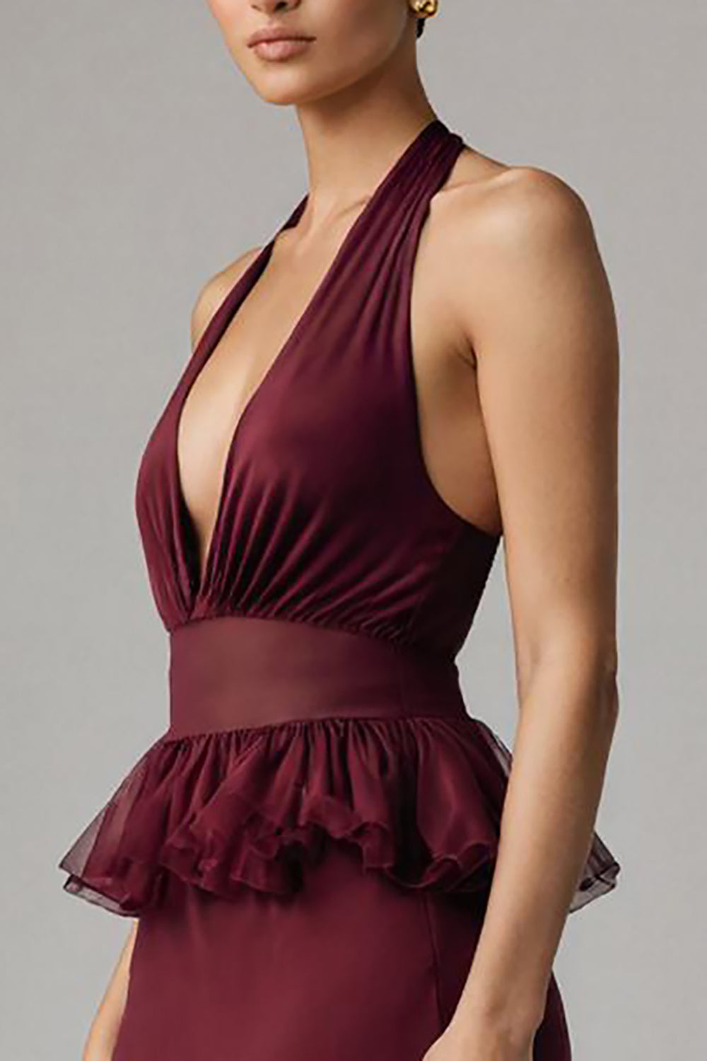 Halter Burgundy Semi-Formal Dress With Ruffles