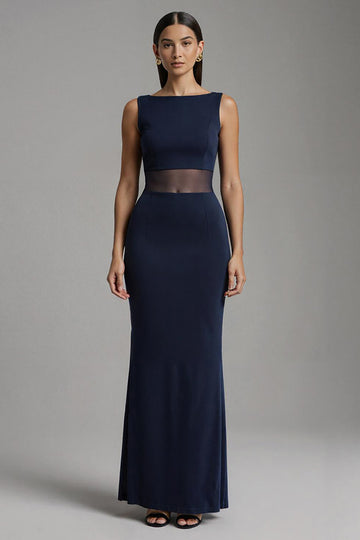 Navy Sheath Bateau Neck Long Formal Dress