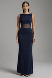 Navy Sheath Bateau Neck Long Formal Dress