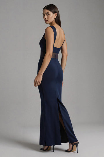 Navy Sheath Bateau Neck Long Formal Dress