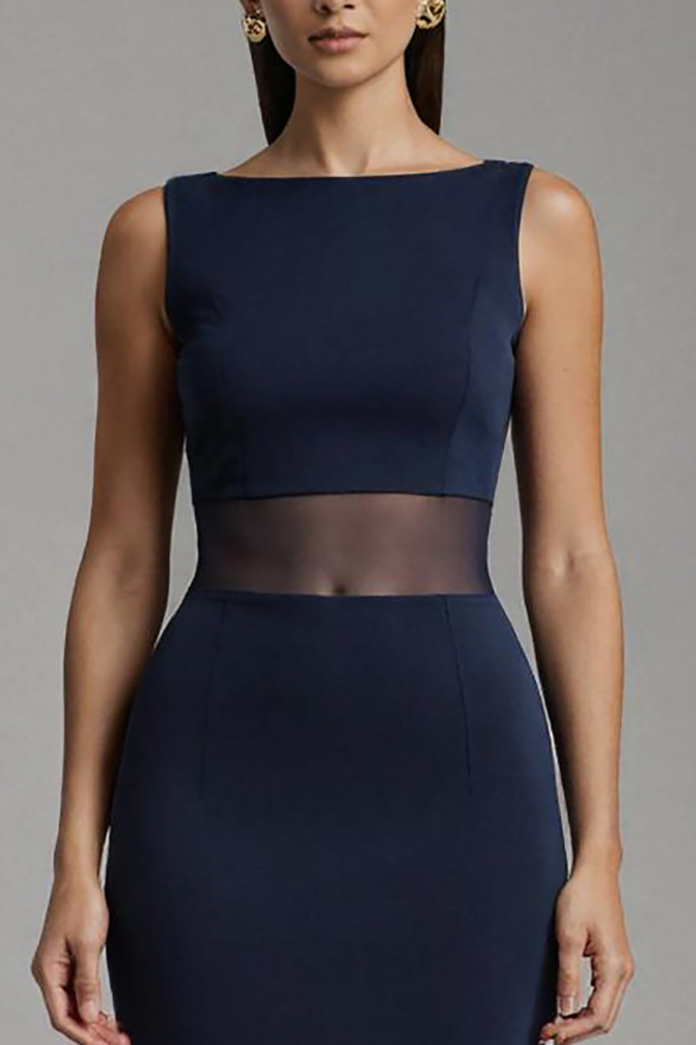 Navy Sheath Bateau Neck Long Formal Dress