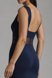 Navy Sheath Bateau Neck Long Formal Dress