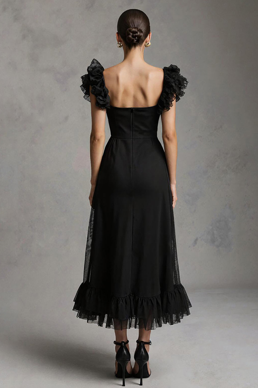 Black A-Line Midi Formal Dress With Ruffles