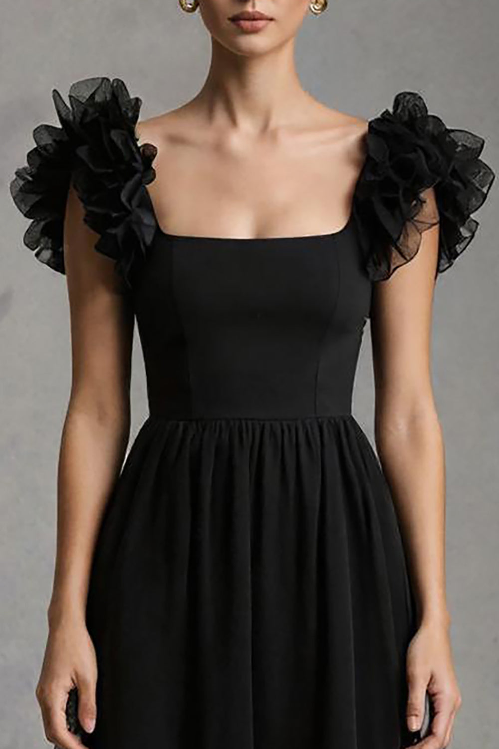 Black A-Line Midi Formal Dress With Ruffles