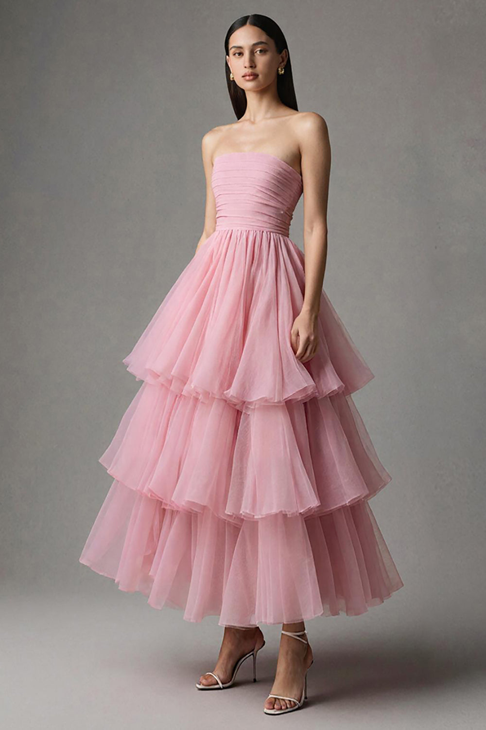 Pink Strapless Tiered A-Line Prom Dress