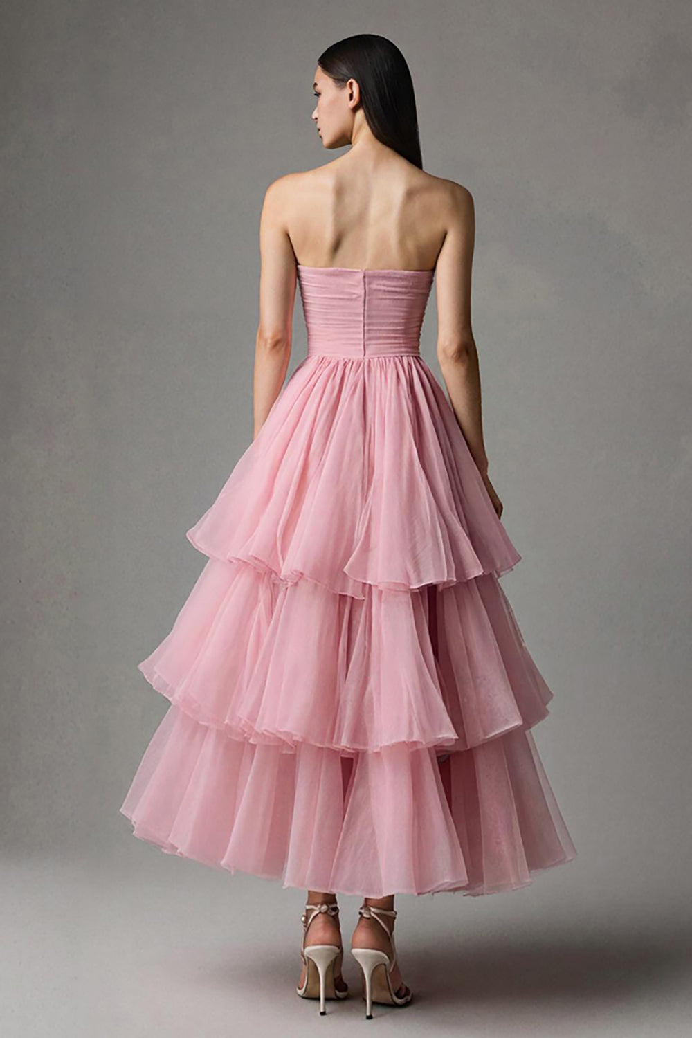 Pink Strapless Tiered A-Line Prom Dress