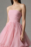 Pink Strapless Tiered A-Line Prom Dress