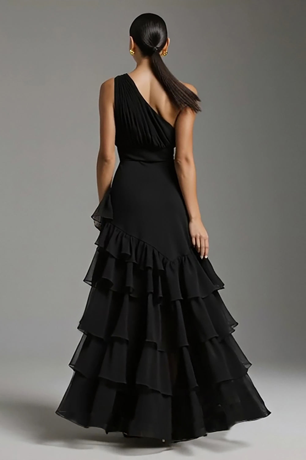 One Shoulder A Line Tiered Ruffle Black Tie Dress With Slit