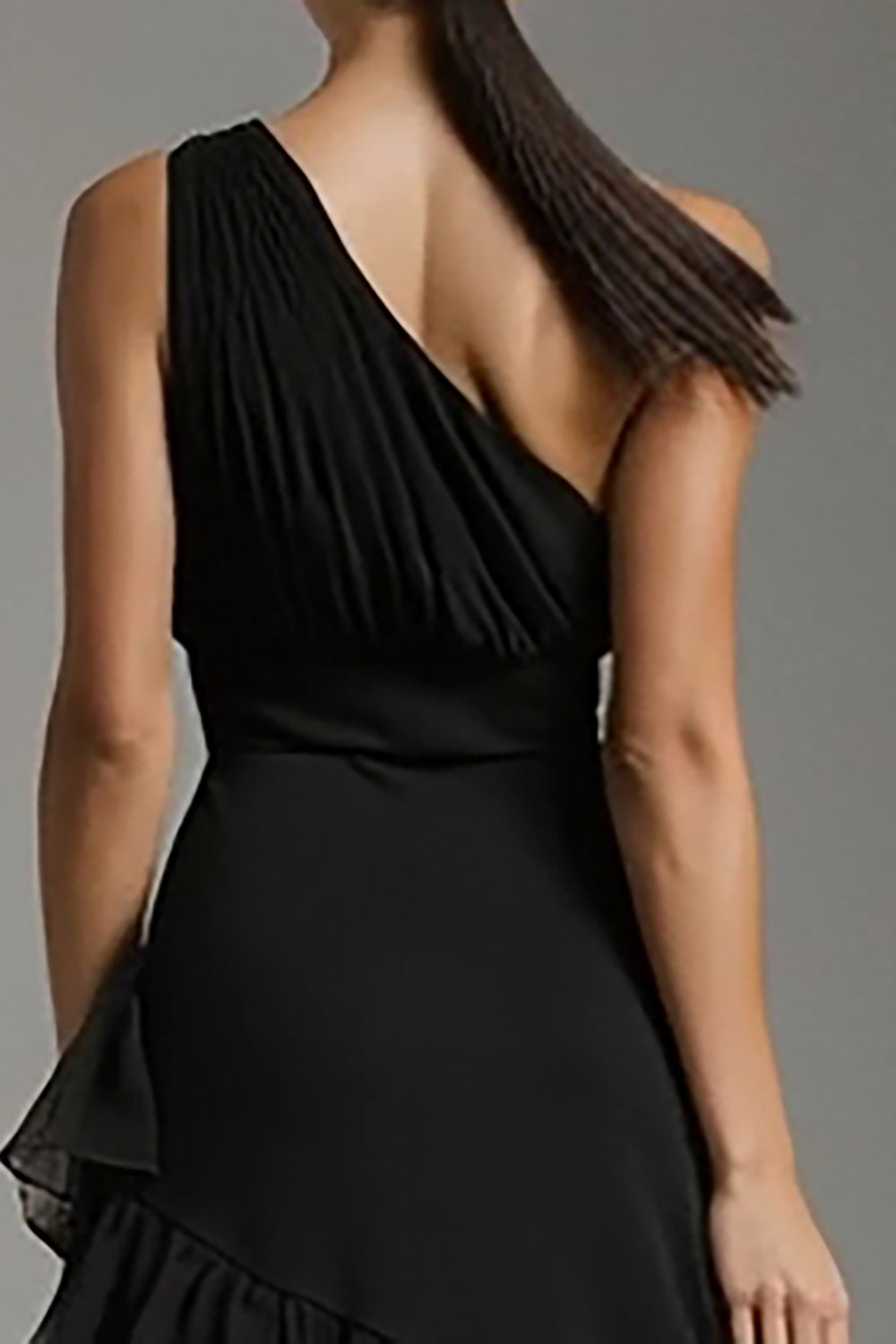 One Shoulder A Line Tiered Ruffle Black Tie Dress With Slit