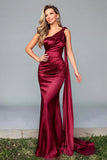 Mermaid One Shoulder Burgundy Formal Dress with Streamer