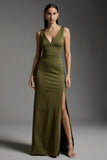 Olive V-Neck Sheath Maxi Formal Dress With Slit