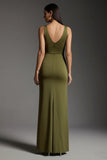 Olive V-Neck Sheath Maxi Formal Dress With Slit