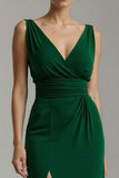 Dark Green V-Neck Sheath Formal Dress With Slit