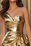 Metallic Gold Bodycon One Shoulder Homecoming Dress With Ruffles