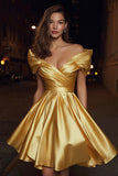 Off The Shoulder Gold Ruched A-Line Homecoming Dress