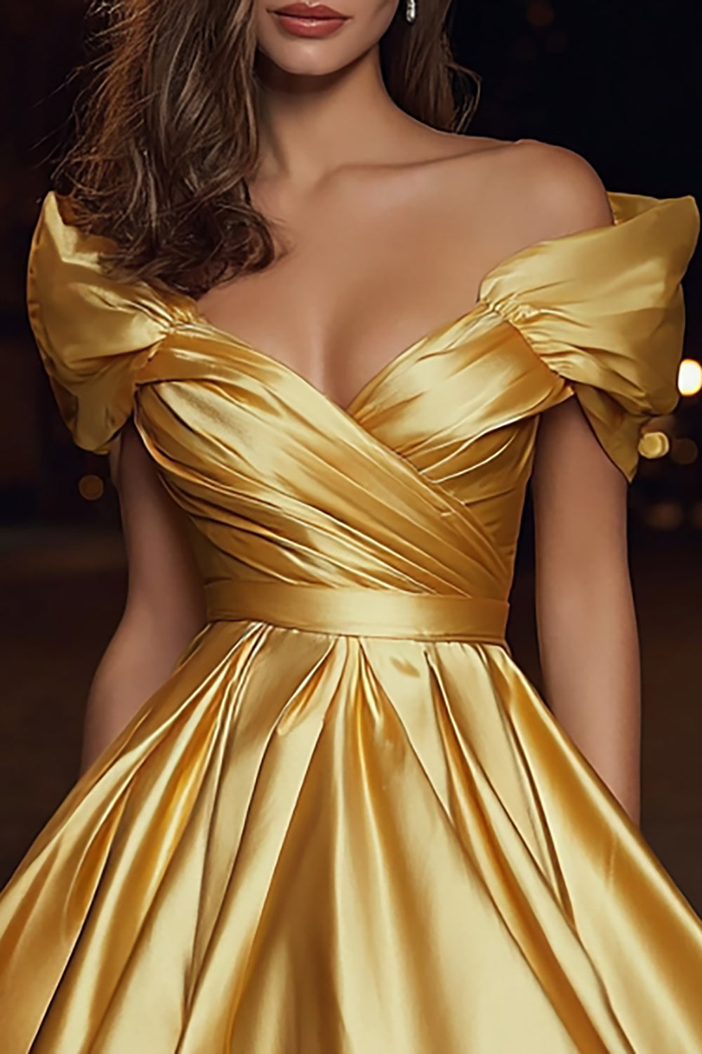 Off The Shoulder Gold Ruched A-Line Homecoming Dress