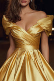 Off The Shoulder Gold Ruched A-Line Homecoming Dress
