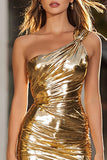 One Shoulder Bodycon Ruched Metallic Gold Homecoming Dress