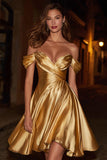 Gold A-Line Off The Shoulder Ruched Homecoming Dress