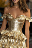Metallic Off The Shoulder Corset Gold Homecoming Dress With Ruffles