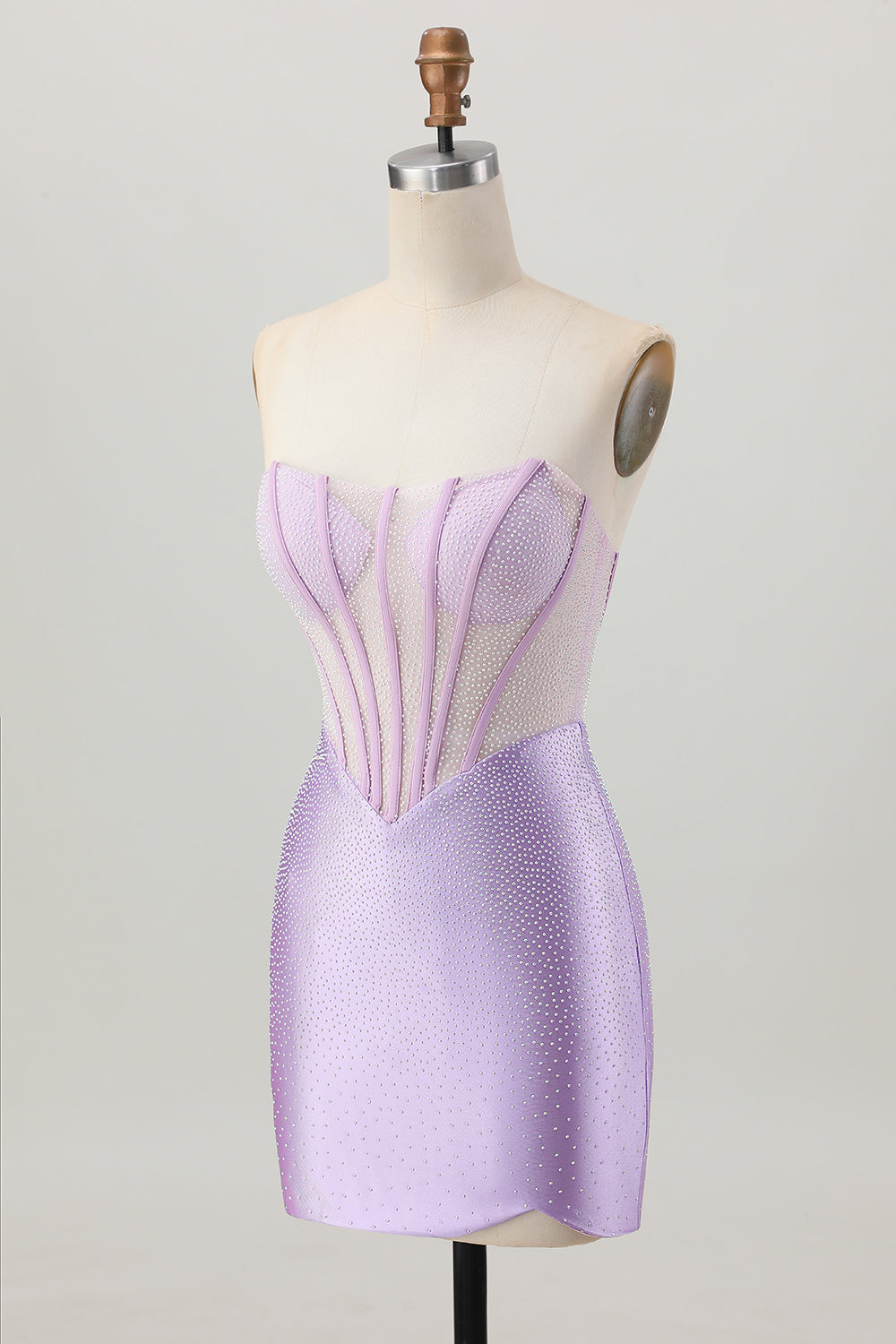 Strapless Lilac Corset Beaded Tight Homecoming Dress