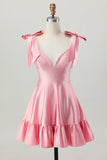 Beaded A-Line Blush Pink Homecoming Dress With Bows