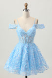 Blue A Line Appliqued Corset Homecoming Dress With Sequins