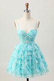 Blue Green Printed Tiered A Line Homecoming Dress with Appliques