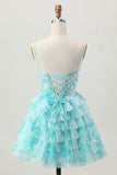 Blue Green Printed Tiered A Line Homecoming Dress with Appliques