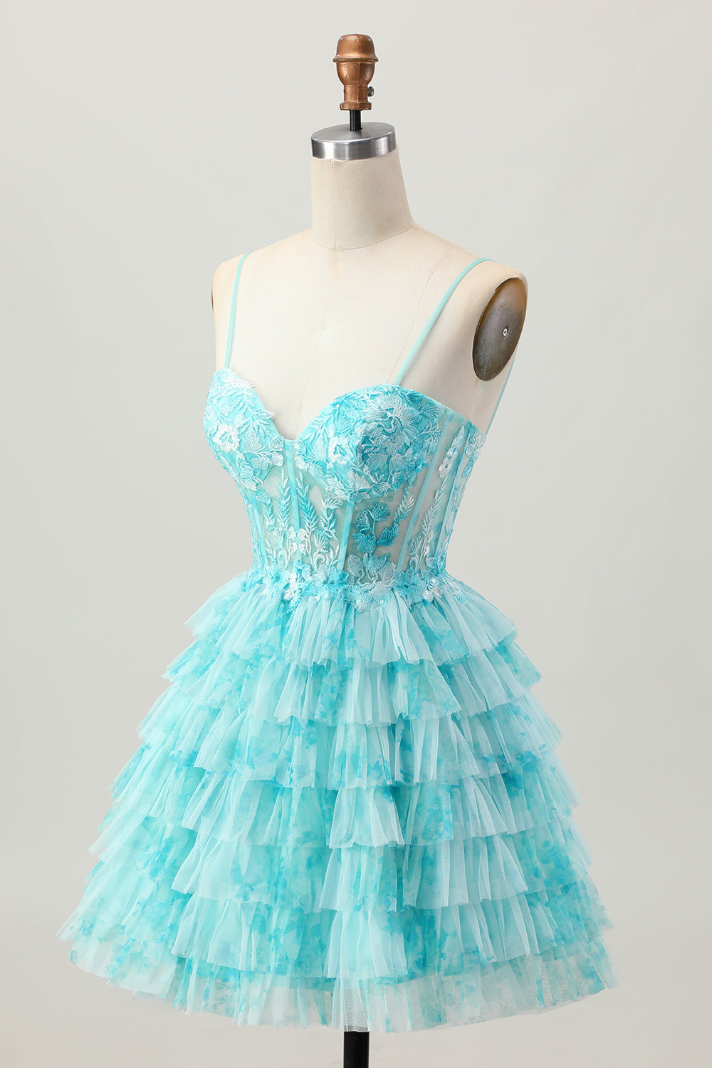 Blue Green Printed Tiered A Line Homecoming Dress with Appliques