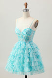 Blue Green Printed Tiered A Line Homecoming Dress with Appliques